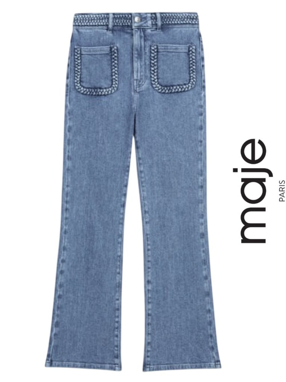 Maje Braided Detail Mid Rise Flare Jeans Blue Denim Size S FR 36